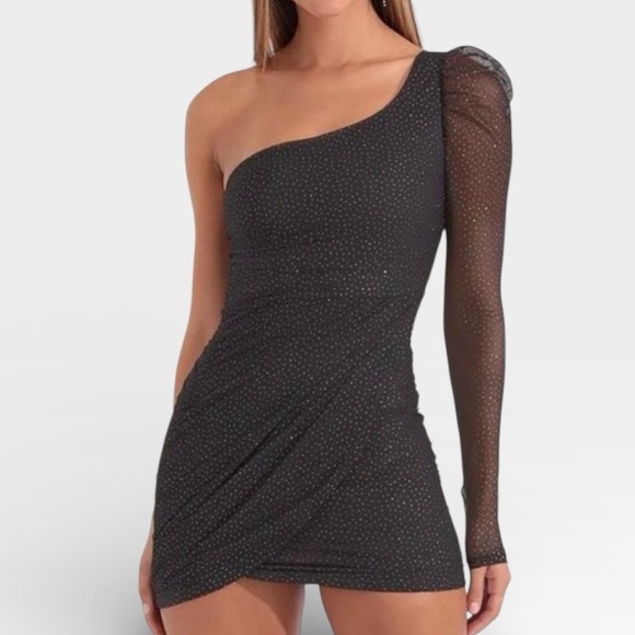 Lucy in the Sky Dresses & Skirts - Lucy in the Sky Black Glitter Polka Dot One-Shoulder Dress Sheer Sleeve MEDIUM